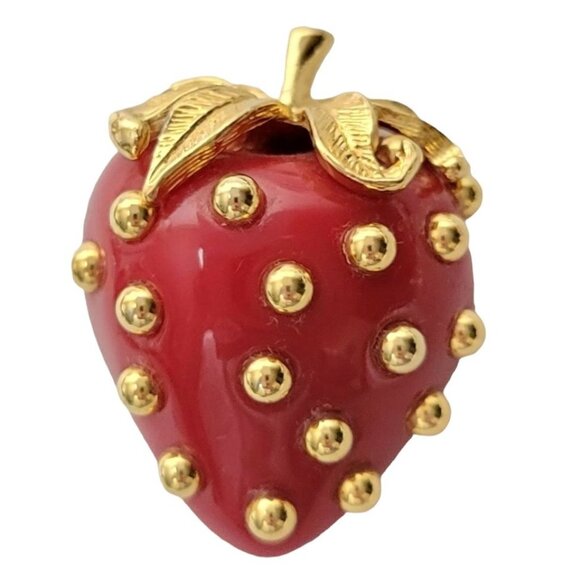 Kenneth Jay Lane Vintage Red Lucite Gold Tone Ballotini Strawberry Brooch Signed - Picture 3 of 9